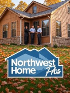 Northwest Home Pros team standing in front of a well-maintained Valparaiso home amid vibrant fall foliage, with their blue house logo overlay, symbolizing professional fall home maintenance services in Northwest Indiana.